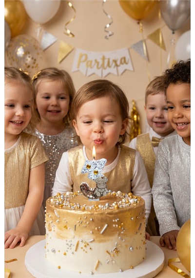 Ayıcık Figürlü Beyaz-gold Simli Rakam Mum Doğum Günü Pasta Süsü