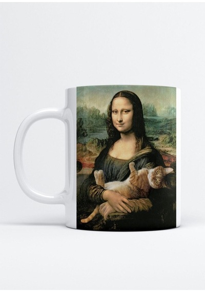Mona Lisa Kedi Baskı Porselen Kupa Bardak Beyaz