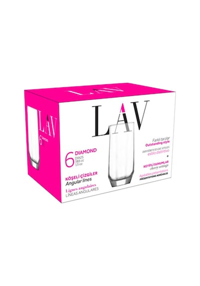 Lav Diamond Cam Meşrubat Bardağı 6'lı 385 ml (Büyük Su/Kokteyl/Limonata Bardağı )