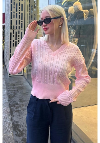 Madmext Pembe V Yaka Örgülü Triko Kadın Kazak Mg2258 Pembe