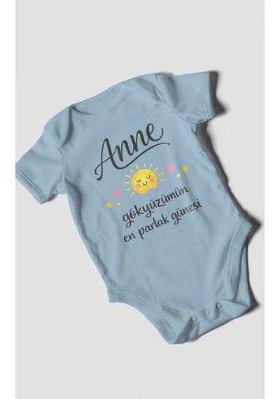 Morivokids Anne, Gökyüzümün En Parlak Güneşi Kısa Kollu Bebek Body Bebe Mavisi