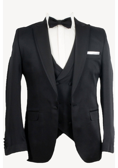 Ysf Erkek Siyah Slim Fit Kırlangıç Yaka Yelekli Damatlık