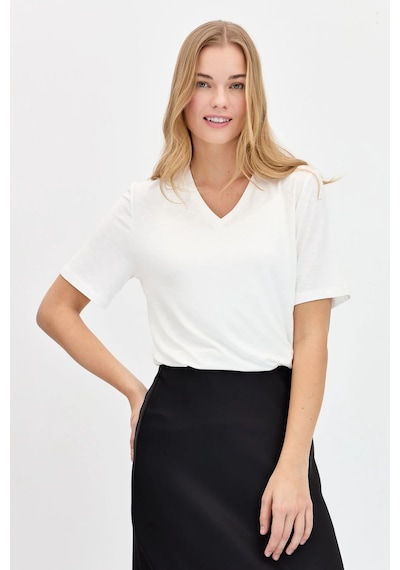Desen Triko Kadın V Yaka Flamlı Kumaş Basic T-shirt Kmy24085 Ekru