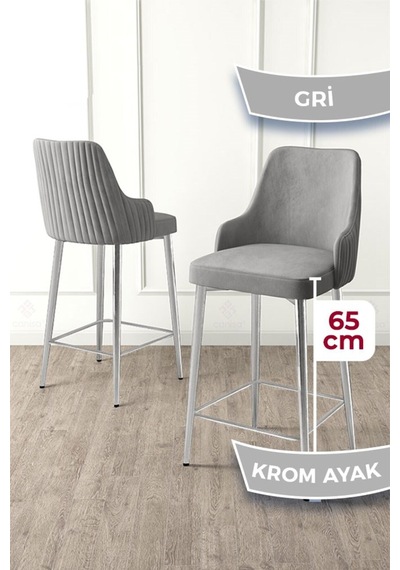 Canisa Tera Serisi 4 Adet Babyface Kumaş 65 Cm Krom Kaplama Ayaklı Gri Bar Sandalyesi Gri Sandalye Krom Kaplama Ayak