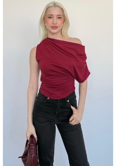 Bordo Tek Omuz Modern Kesim Şık Kadın Bluz Mg2669 bordo