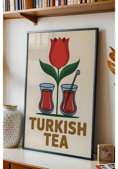 Türk Çayı Tablo - İnce Belli Bardak Retro Mutfak Posteri - Geleneksel İçecek Duvar Dekoru Siyah