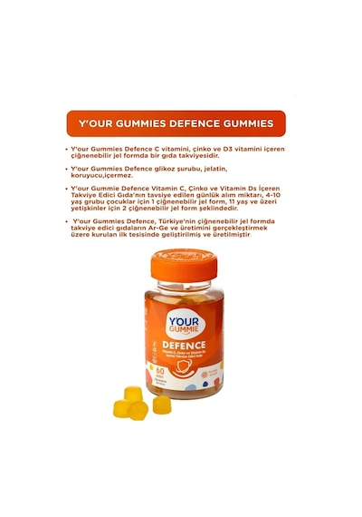 Defence C Vitamini, D3 Vitamini Ve Çinko İçeren Takviye Edici Gıda Bağışıklık Desteği Portakal Aromalı 60 Gummy