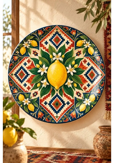 Dekoratif Duvar Tabağı Limon Ve Anadolu Motifleri Dekorlu Seramik Tabak Sarı