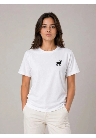Freedom Storee Kadın Minimal Geyik Logolu Tişört Bisiklet Yaka Kısa Kol Yazlık T-shirt - Beyaz Çok Renkli