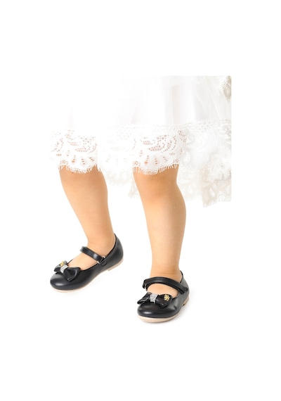 Kiko Kids Cırtlı Fiyonklu Kız Çocuk Babet Ayakkabı Ege 201 Cilt Siyah