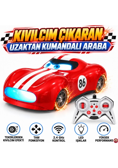Oyuncak Kıvılcım Efektli Uzaktan Kumandalı Araba 2.4 Ghz Şarjlı Led Işıklı Tam Fonksiyon Park Simülasyonlu Oyuncak Araba Kırmızı