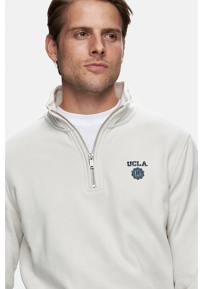 Ucla Leon Bej Yarım Fermuar Nakışlı Standard Fit Erkek Sweatshirt Bej