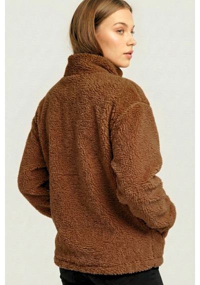 Kadın Peluş Tam Fermuarlı Cepli Sherpa Kuzu Kumaş Oversize Peluş Polar Sweatshirt Kahverengi Kadın Peluş Tam Fermuarlı Cepli Sherpa Kuzu Kumaş Oversize Peluş Polar Sweatshirt Kahverengi