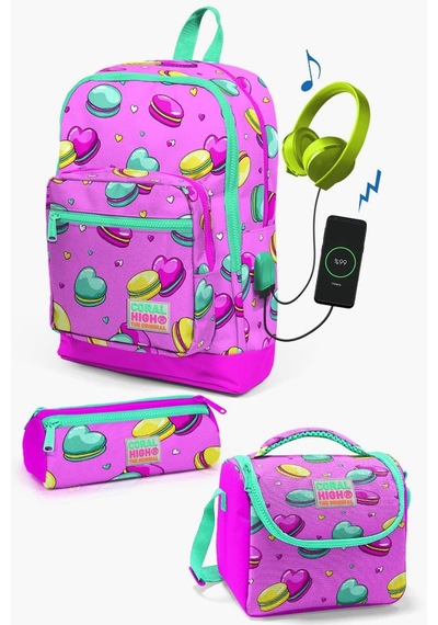 Coral High Kids Açık Pembe Su Yeşili Makaron Desenli Usb'li 3 Lü Okul Çanta Seti Set0123261 Çok Renkli