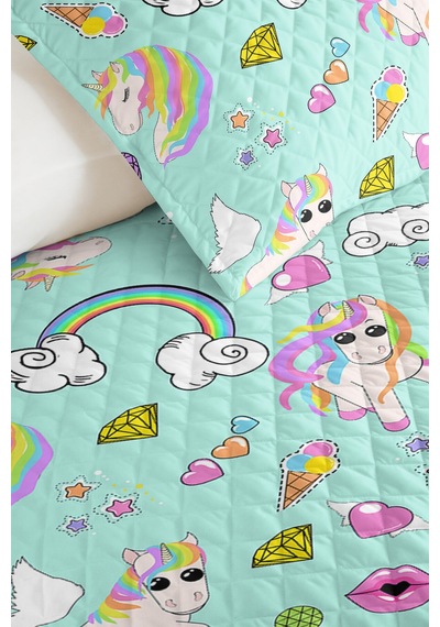 Evimde Bambaşka Mint Unicorn Gökkuşağı Kız Çocuk Pike Takımı-pastel Bulut Kalp Bebek Odası Yatak Örtüsü-160x220  CM