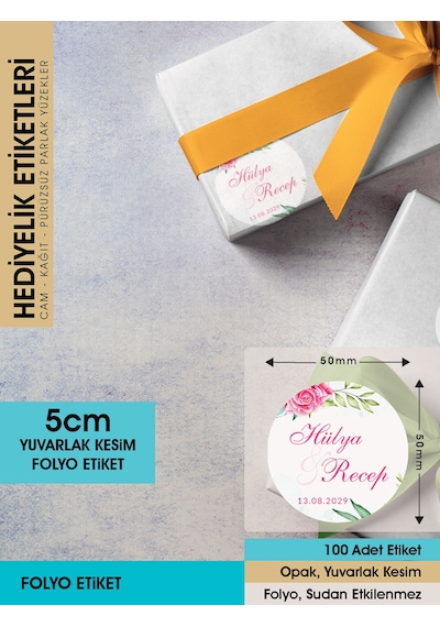 Pembe Gül Etiket Modeli, Ürünlerinize Özel 5cm - 100 Adet Folyo Sticker Renkli
