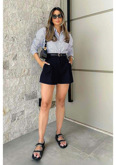 Madmext Lacivert Yüksek Bel Wed Leg Pileli Kadın Mini Şort Mg2537 Lacivert