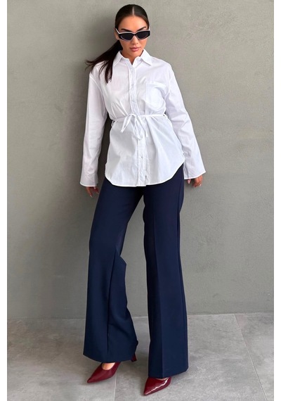 Madmext Beyaz Belden Bağlamalı Oversize Cepli Gömlek Mg2798