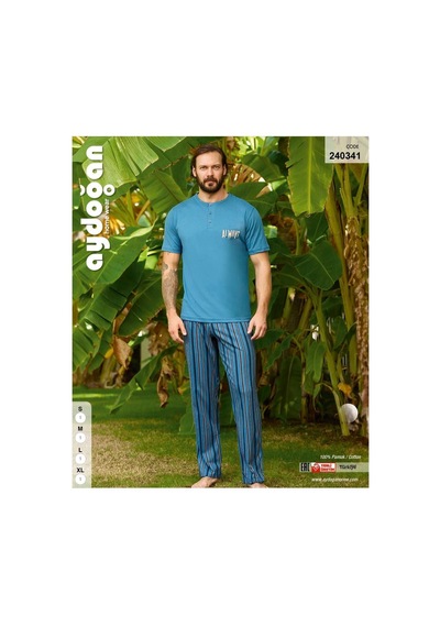 Aydoğan Erkek %100 Pamuk Kısa Kol Lacivert Düz Paça Pijama Takımı -8257