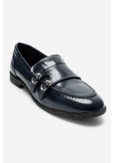 Luvi Shoes Daly Lacivert Kırışık Rugan Hakiki Deri Tokalı Kadın Loafer Ayakkabı