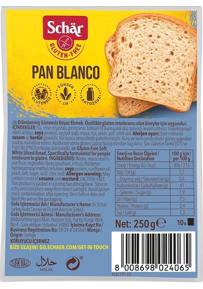 Pan Blanco Glutensiz Beyaz Ekmek 250 Gr 8 Adet