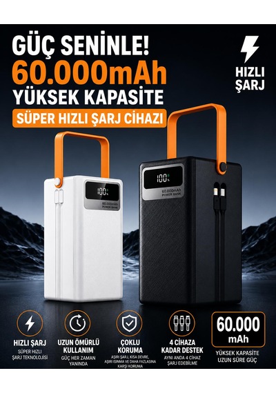 60.000mah Powerbank Lightning-type-c Şarj Kablolu Hızlı Şarj Kısa Devre Aşırı Isınma Koruma 4 Cihaza Kadar Destek Fenerli 3 Modlu Taşınabilir Dijital Ekranlı 4 Çıkış 3 Giriş Siyah