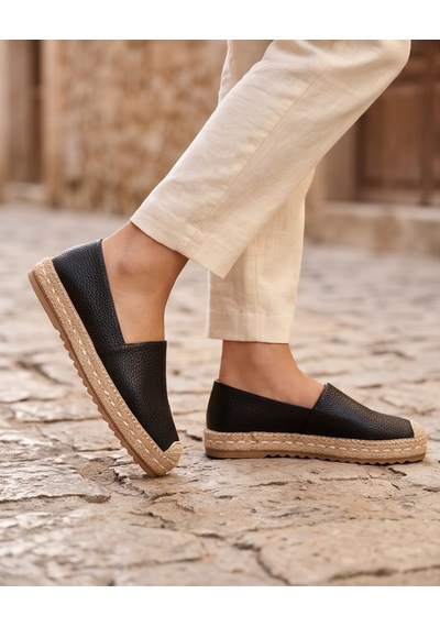 Futsishoes Lucıa Siyah Hakiki Floter Deri Dikiş Detaylı Kadın Espadril