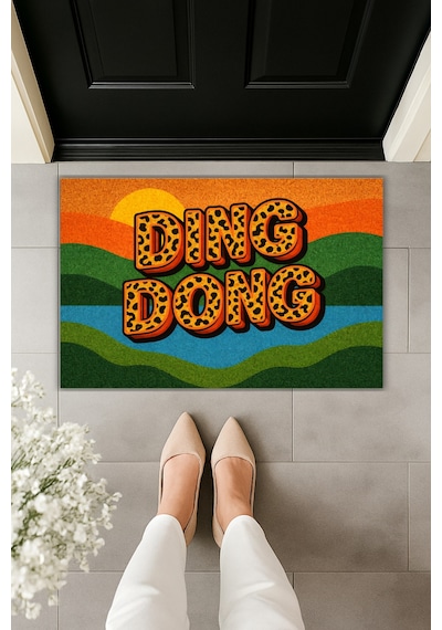Rugmood Modern Dijital Baskı Paspas - Retro Tasarım Ding Dong Yazılı Renkli - Kapı Önü Paspası Kahverengi