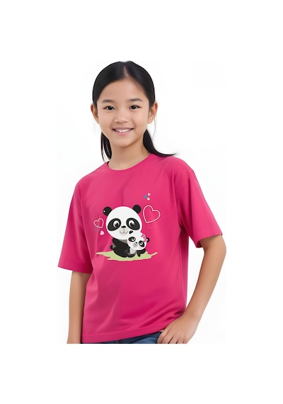 Panios Kids Mother Panda Baskılı Kız Çocuk Kısa Kollu T-shirt Fuşya