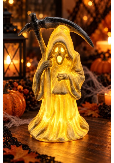 Halloween Cadılar Bayramı Led Işıklı Azrail Figürü Oraklı Kapüşonlu Gün Işığı Masa Süsü 18 Cm Renkli