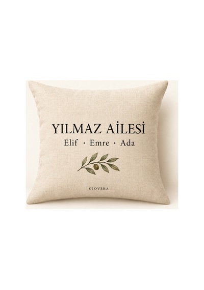 Kişiye Özel Aile İsimli Zeytin Dalı Desenli Pamuk Yastık Kılıfı 43x43 Cm Bej