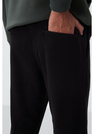 Siyah Gizli Fermuarlı Rahat Form Jogger Polar Erkek Eşofman Alt - 84866 Siyah