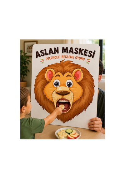 Aslan Maskesi Eğlenceli Besleme Oyunu Ahşap Çocuk Aktivitesi 30x40 Cm Hayvan Maskesi Montessori Eğitim