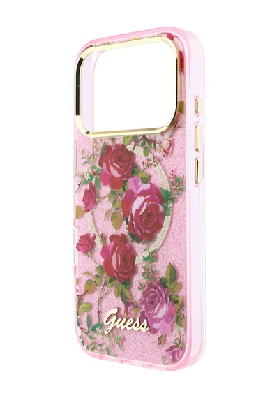 Apple iPhone 18 Pro Uyumlu Kılıf Guess Lisanslı M-safeli Gül Desenli Simli Yazı Logolu Kapak Pembe