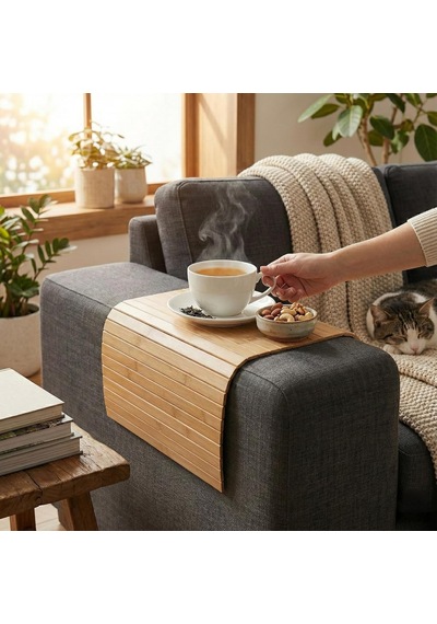 Katlanır Bambu Koltuk Kenarı Tepsisi Mat 32x45 Cm Geniş Kolçak Masası İçecek, Atıştırmalık Ve Tablet Standı Doğal Ahşap 15cm