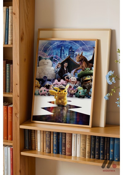 Pokemon Dedektif Pikachu Poster, Ahşap Çerçeveli Duvar Tablosu - Anime Severlere Özel Hediye