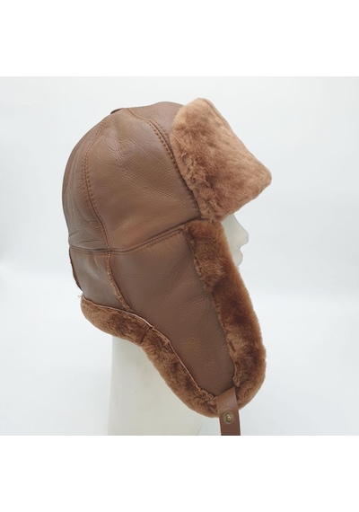 Pilot Model İçi Kürklü Camel Renk Deri Şapka Siyah