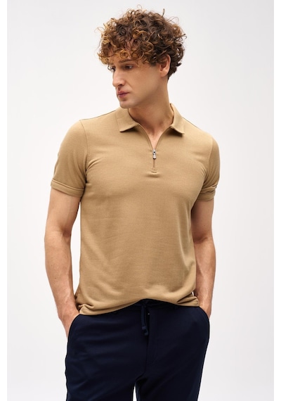 Bej Slim Fit Dar Kalıp Fermuarlı Polo Yaka Düz Kısa Kollu Tişört-16408 Bej