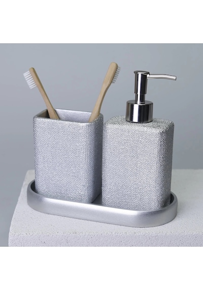 By Selim Linen Gümüş 5 Parça Polyester Banyo Seti Gümüş