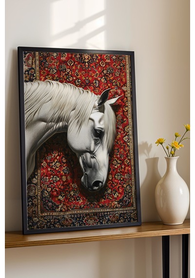 Beyaz At Ve Geleneksel Kilim Desenli Çerçeveli Tablo - Ramazan Özel Seri Etnik Duvar Dekoru Siyah