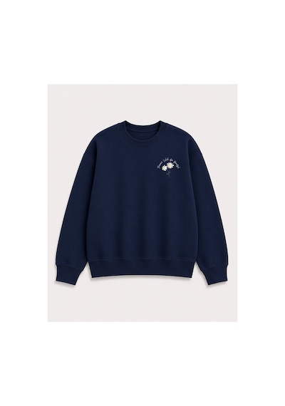 Herkesemoda Papatya Baskı Detaylı Bisiklet Yaka Şardonlu 2 İplik Sweatshirt Lacivert