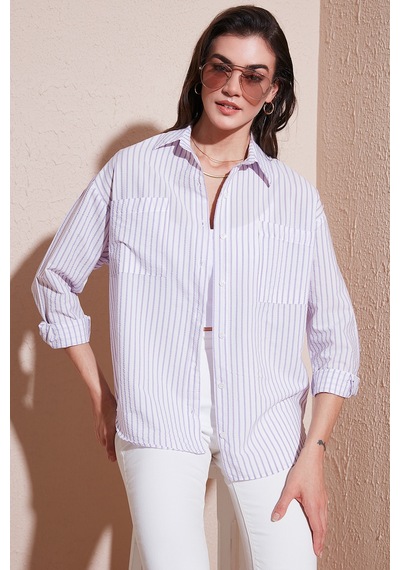 Lela Regular Fit Uzun Kollu Çizgili Bayan Gömlek 6772875 Lila