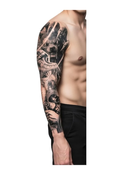 Aslan Kurt 1 Haftalık Tam Kol Bacak Yapıştırma Geçici Dövme 48 Cm Aslan Kurt 1 Haftalık Tam Kol Bacak Yapıştırma Geçici Dövme 48 Cm