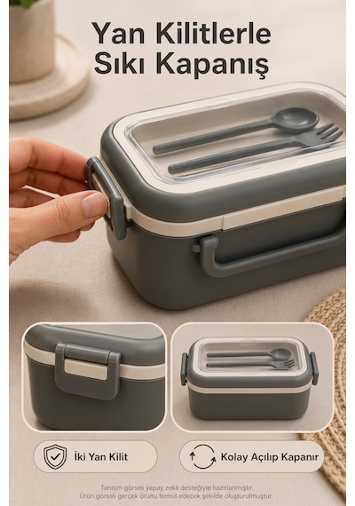 Antrasit 3 Bölmeli Çocuk Beslenme Kutusu Kaşık Çatal Dahil Kilitli Kapaklı Taşıma Saplı Lunch Box