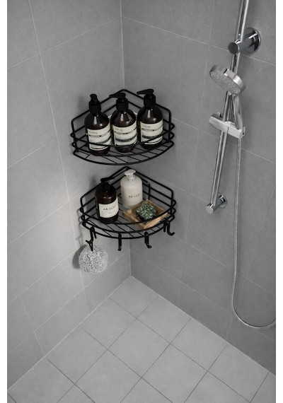 Sas Haus Tek Katlı Köşe Duş Rafı Kancalı Banyo Şampuanlık & Organizer 2 Adet Siyah Tk-01 Siyah