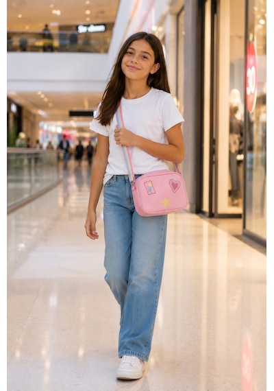 İcone Bag Denim Nakışlı Kız Çocuk Omuz Çantası, Denim İşlemeli Kız Çocuk Çantası, Kot Çocuk Çanta Pembe