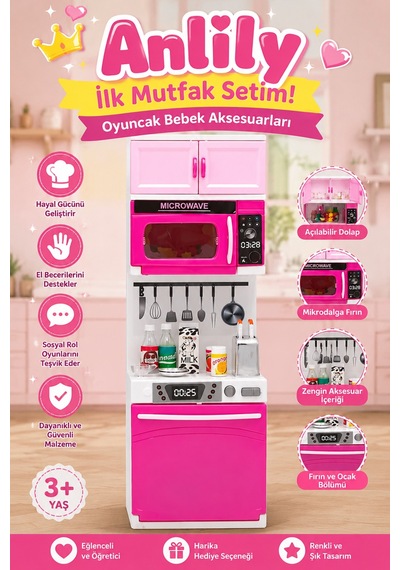 Oyuncak Mutfak Seti Pembe Renkli Zengin Aksesuarlı Evcilik Oyuncağı 34.5 Cm