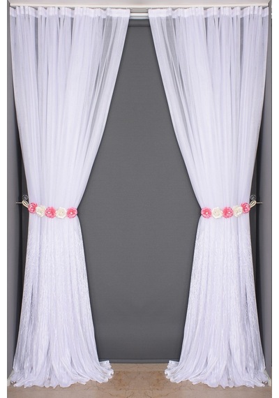 Selvi Desen Beyaz Renk Hazır Dikilmiş Pileli Fon Perde 300x260 Cm