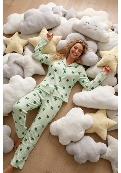 Womanandkids Yeşil Kadın Desenli Düğmeli Uzun Kollu Pijama Takımı