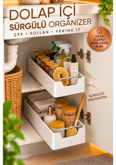 Çok Amaçlı Raylı Dolap İçi Çekmece Organizer Sürgülü Mutfak Banyo Kiler Düzenleyici Organizer Beyaz